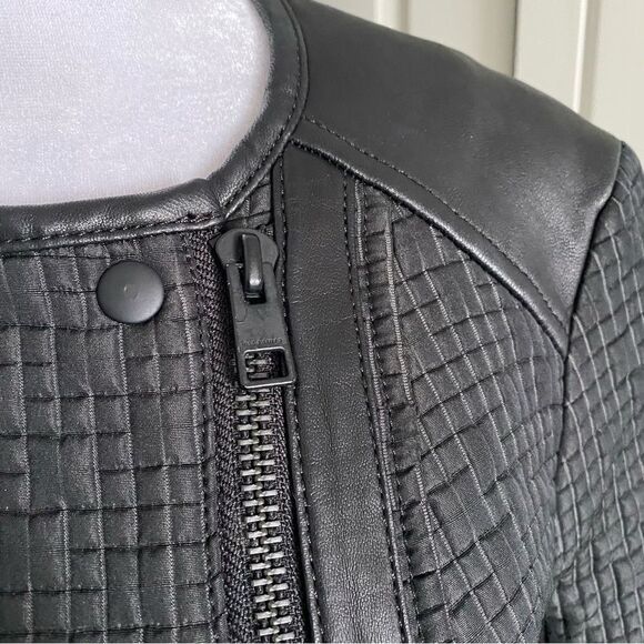 All Saints Black Wool Blend Quilted Moto Jacket with Leather Trim Size 8 - Picture 3 of 11